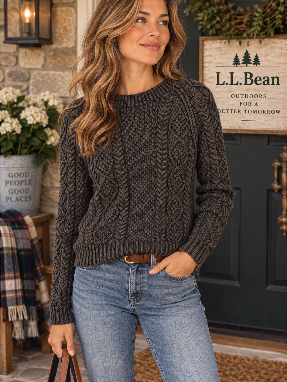 L. L. Bean Charcoal Grey Signature cable knit sweater 100 Cotton women XS #112CL